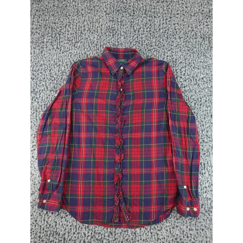 Lauren Ralph Lauren Plaid Shirt Womens Medium Red Ruffle Trim Button Down